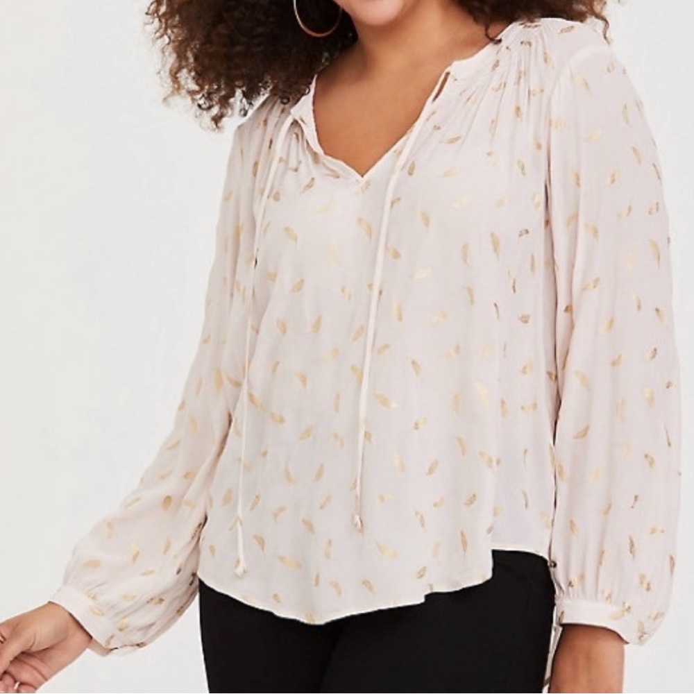 Torrid sheer ivory top with shimmery gold feathers size 2